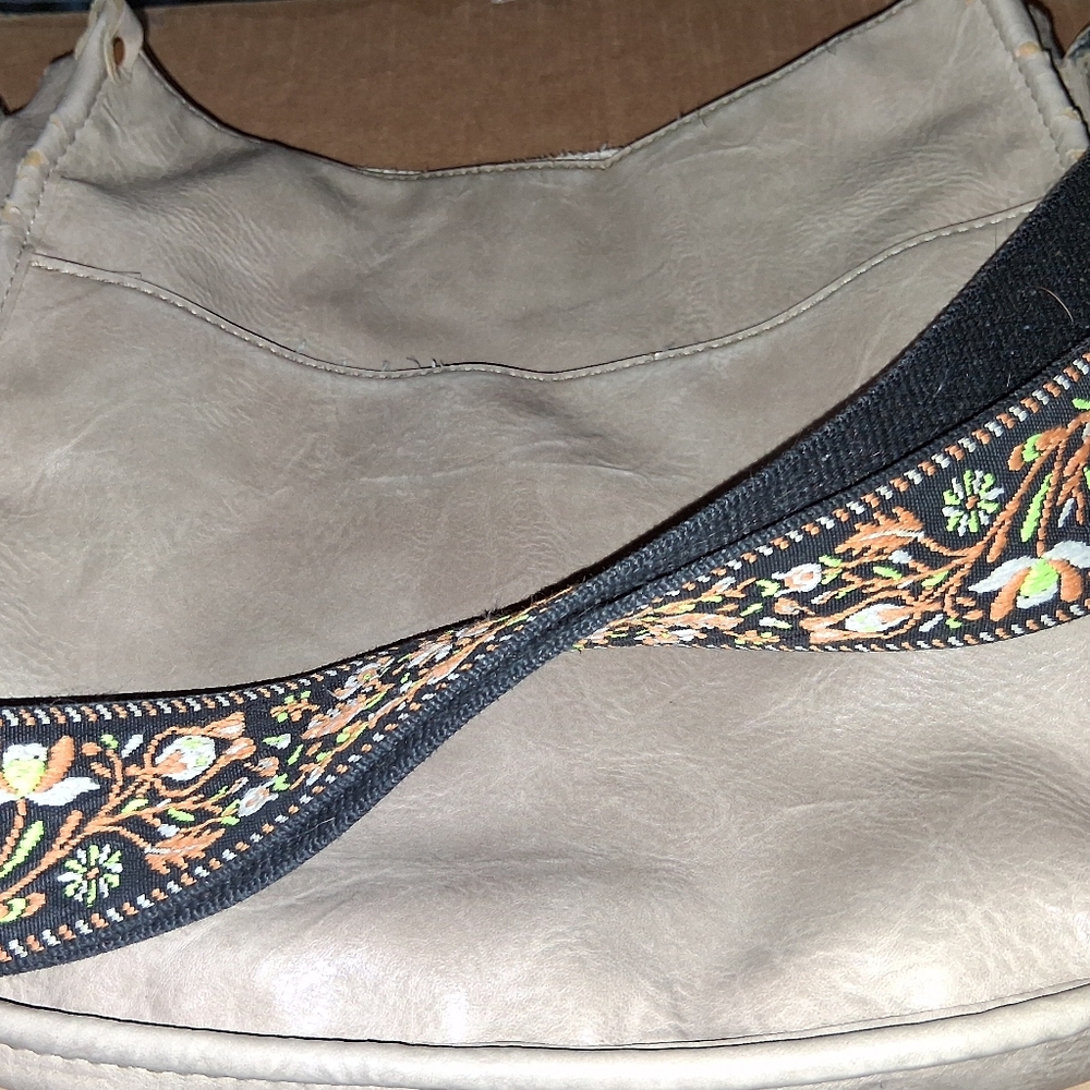 Stylish Tan Shoulder Bag with Embroidered Strap Bucket Style